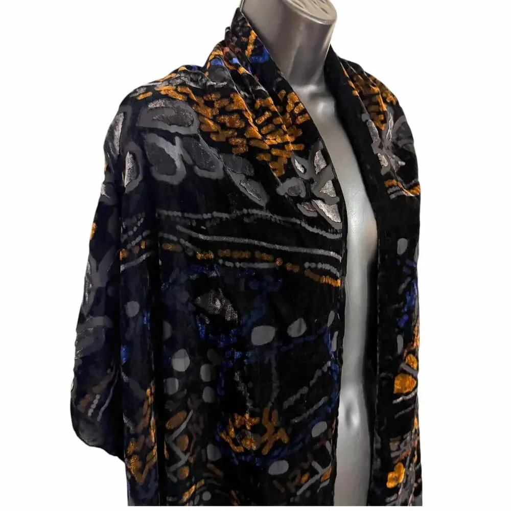 VTG Silk Blend Velvet Burnout Scarf Wrap Shawl Black Gold Blue Fringe Whimsygoth